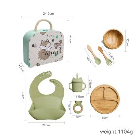 Baby's Complementary Food Tableware Silicone Bib Dinner Plate Straw Cup Fork Spoon Set (Option: Green-Gift box)