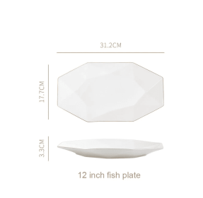 Nordic Minimalist Hexagonal Rhombus Drawing Gold Edge Ceramic Plate (Option: 12inch fish plate)