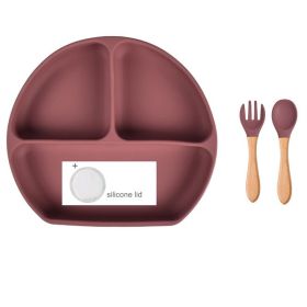 Baby Food Supplement Spoon Integrated Silicone Dinner Plate Set (Option: Dark Purple-Set)