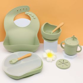 Silicone Kids Bib Bowl Dinner Plate Mat Spoon Fork Set (Color: Green)
