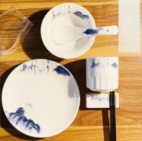 Banquet Hall Box Chopsticks Holder Soup Spoon Plate (Option: Four piece set blue painting)