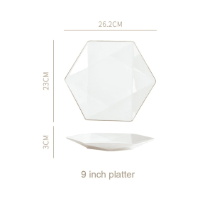 Nordic Minimalist Hexagonal Rhombus Drawing Gold Edge Ceramic Plate (Option: 9inch shallow dish)