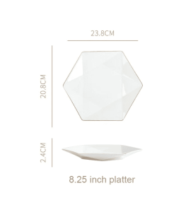 Nordic Minimalist Hexagonal Rhombus Drawing Gold Edge Ceramic Plate (Option: 8.25inch shallow plate)