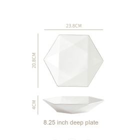 Nordic Minimalist Hexagonal Rhombus Drawing Gold Edge Ceramic Plate (Option: 8.25inch deep plate)