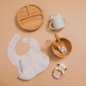 Baby's Complementary Food Tableware Silicone Bib Dinner Plate Straw Cup Fork Spoon Set (Option: Marble-OPP bagged)