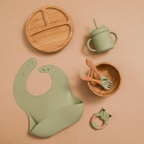 Baby's Complementary Food Tableware Silicone Bib Dinner Plate Straw Cup Fork Spoon Set (Option: Green-OPP bagged)